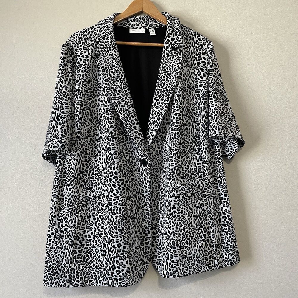 Susan Graver 3X  Snow Leopard Print One Button Blazer Half Sleeve Office Classic